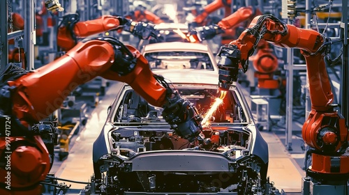 A car moving through an automated assembly line, robotic arms attaching panels and components with extreme precision photo