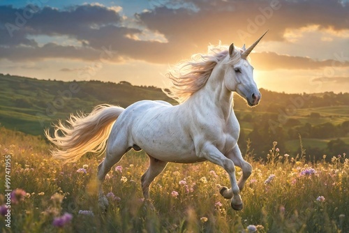Unicorn Galloping Through a Meadow of Wildflowers