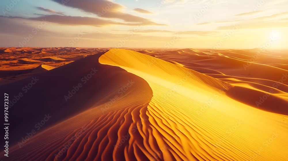 Golden Desert Sand Dunes at Sunrise with Striking Light Golden Desert Sand Dunes at Sunrise with Striking Light