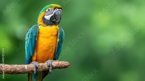 Colorful Macaw Parrot Perched on Branch in Lush Green Background