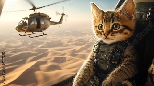 Cat in Military Gear Looking Out from Aircraft Window photo