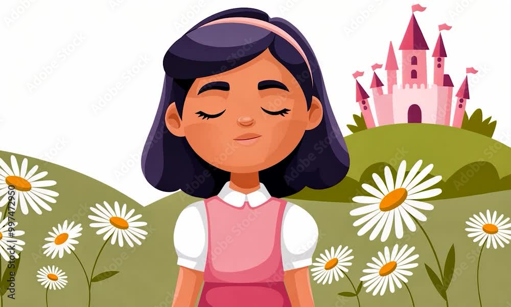 Serene Illustration of a Young Girl Meditating in a Daisy Field Near a Fairy Tale Castle