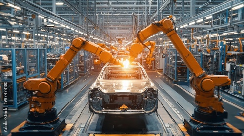 A clean and organized automotive assembly line, where robotic arms handle complex tasks, and workers monitor the production process photo