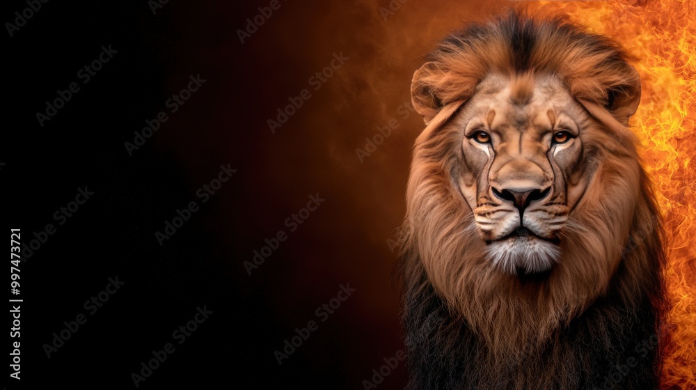Fototapeta premium Majestic Lion Portrait with Fiery Background Power Strength Intensity Wildlife
