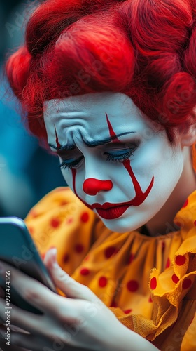 Pensive Clown with Red Hair and Makeup Using Smartphone photo