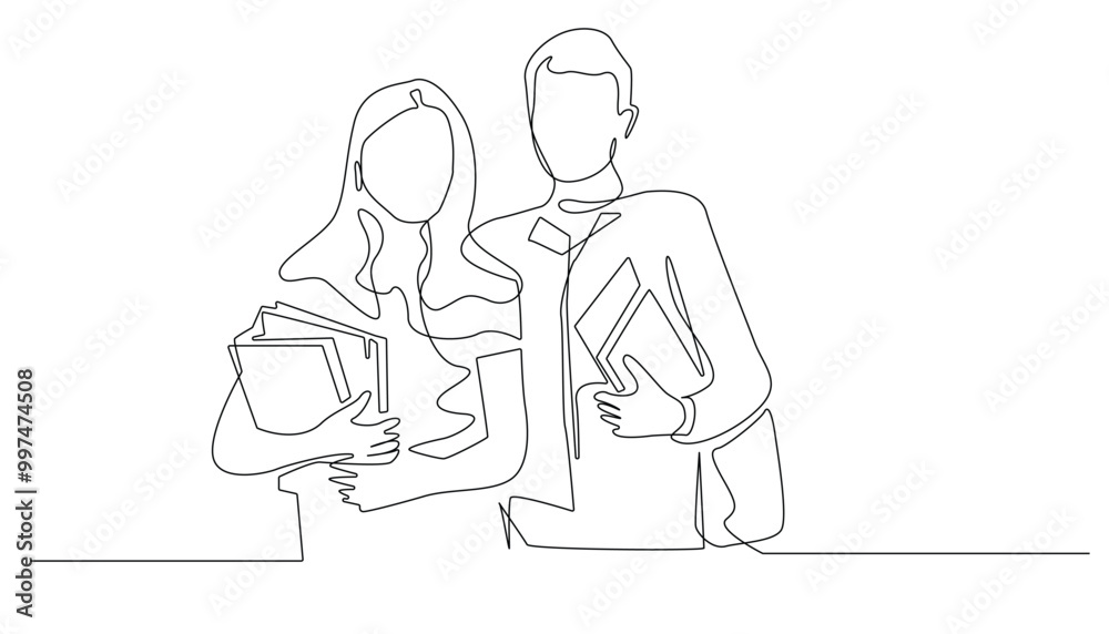 continuous line back to school.one line drawing of male and female students standing with bags and books.education single line concept continuous line back to school.one line drawing of male and female students standing with bags and books.education single line concept