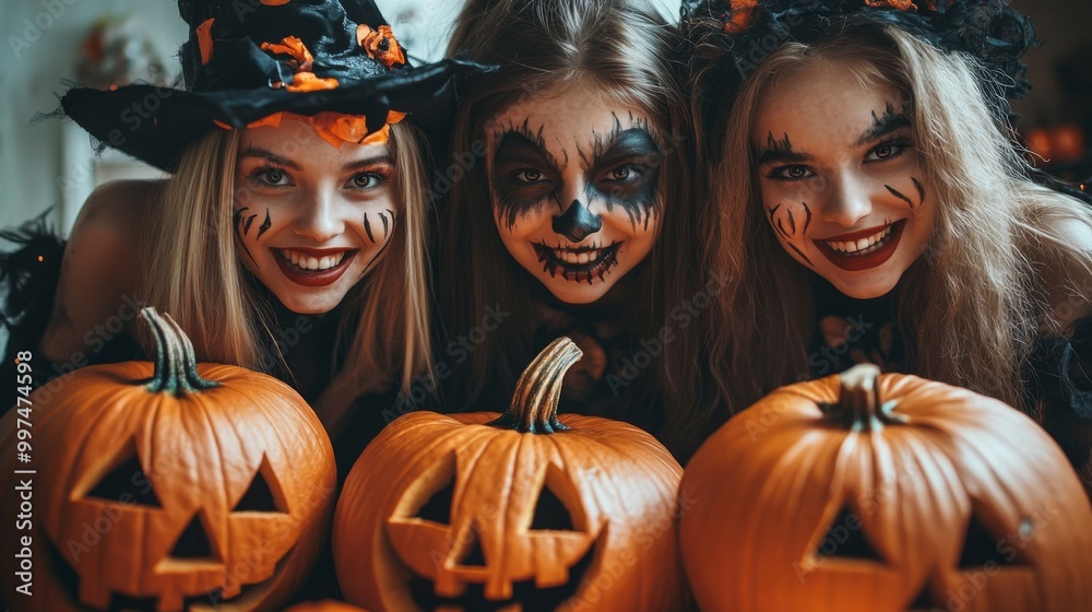 Halloween Celebrations with Witches and Pumpkins in an Autumn Forest Setting Halloween Celebrations with Witches and Pumpkins in an Autumn Forest Setting