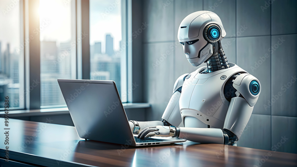 Robot using a laptop computer for browsing the internet and working remotely, robot, laptop Robot using a laptop computer for browsing the internet and working remotely, robot, laptop