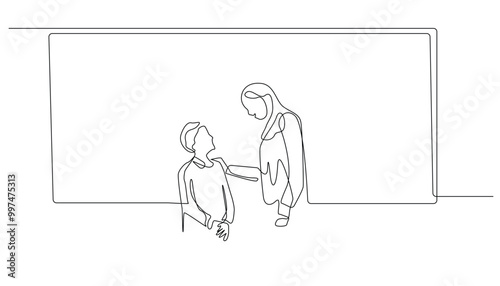 continuous line of teacher interacting with students.single line of students and teacher interacting in the classroom.education concept one line.back to school line art