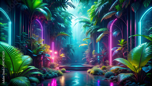 Fototapeta Naklejka Na Ścianę i Meble -  Futuristic jungle in neon cyberpunk style , cyberpunk, jungle, futuristic, neon, vibrant, digital, fantasy, technology