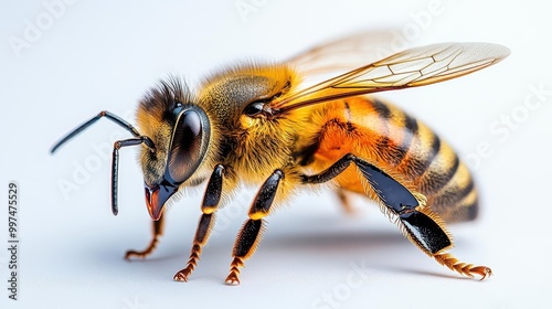 honey bee intricately detailed walking across a pristine white background emphasizing its delicate features and vital role in nature isolated to showcase its beauty and significance