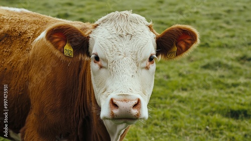 A close-up of a cow's face with a tag in its ear, standing in a green pasture