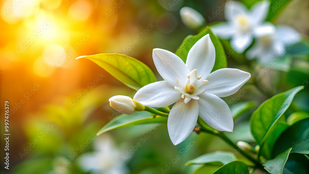 Obraz premium White jasmine flower in full bloom, radiating purity and serenity, jasminum officinale, white, floral, petals, fragrance, purity