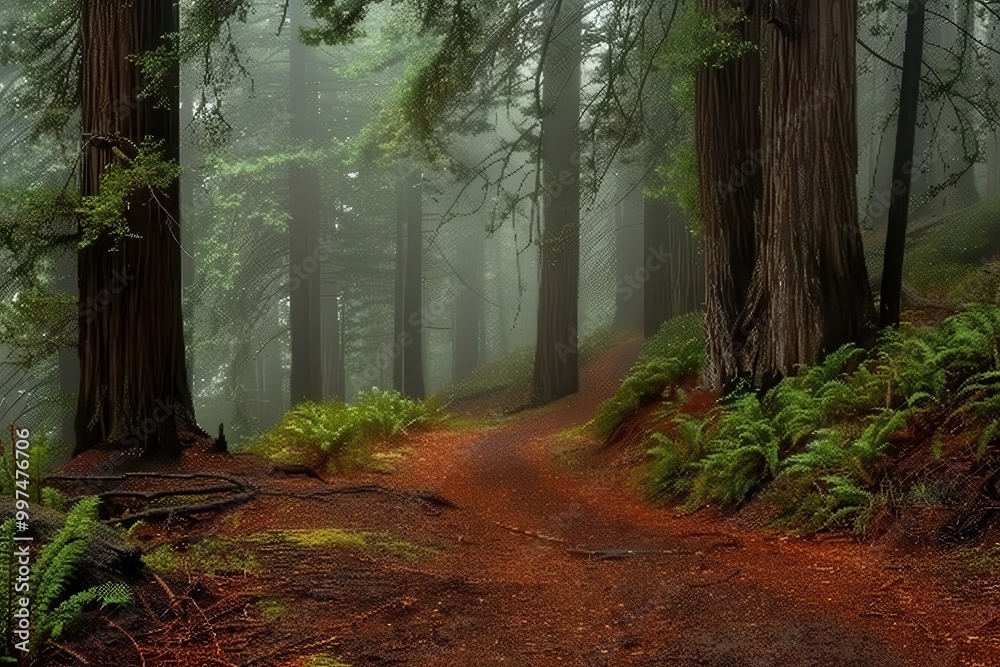 Obraz premium A forest path with trees and a foggy atmosphere
