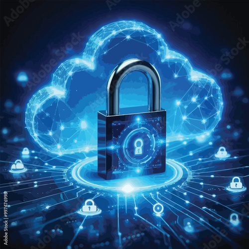 glowing blue padlock hovering illustration 