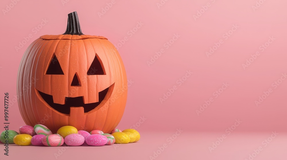 Fototapeta premium Halloween Pumpkin with Candy on Pink Background Festive Fall Decor