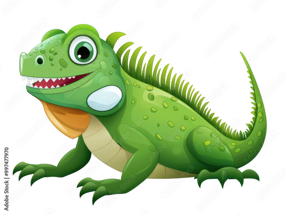 Fototapeta premium colorful cartoon iguana with friendly expression, featuring bright green scales and spiky back. This playful character is perfect for childrens illustrations and educational materials. 