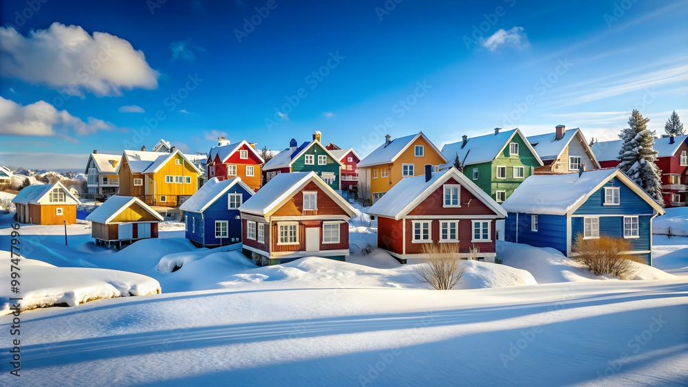 Snow-covered town with colorful houses under a clear blue sky , winter, snowy, village, scenic, cold, landscape Snow-covered town with colorful houses under a clear blue sky , winter, snowy, village, scenic, cold, landscape