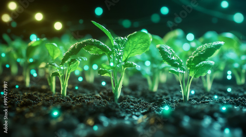 AgTech combines biotechnology, computer science, and agriculture. It uses technology to improve farming, like growing digital seedlings on a green background.