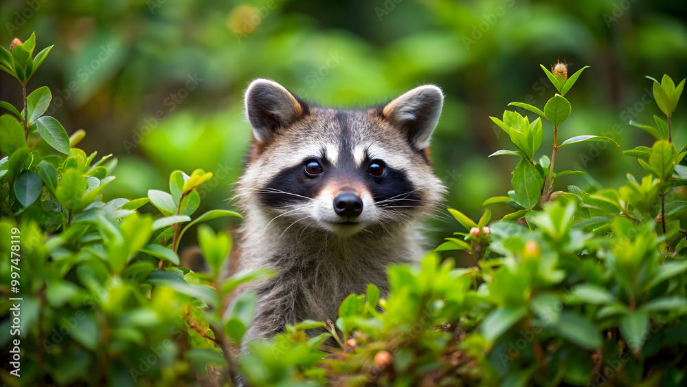 Obraz premium Playful raccoon peeking out from bushes in the forest, raccoon, wildlife, nature, animal, mammal, furry, cute, adorable