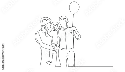 continuous line of LGBT life parenting together.LBGT couple playing outdoors with child.one line drawing vector illustration