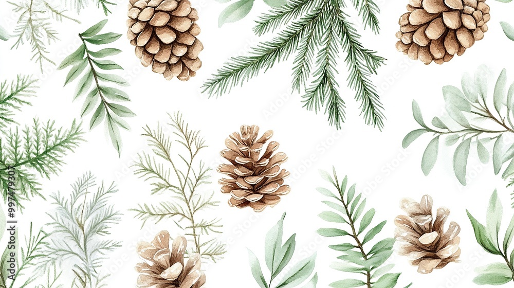 A pattern featuring pinecones and green foliage. A pattern featuring pinecones and green foliage.
