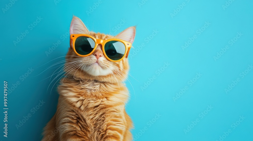 Ginger Cat with Oversized Orange Sunglasses on Blue Background Ginger Cat with Oversized Orange Sunglasses on Blue Background