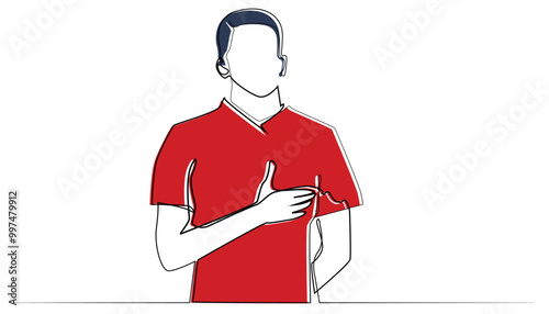 continuous line of football athlete singing the national anthem.pose of football player putting hand on chest and singing national anthem.one line vector illustration