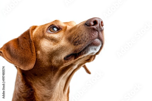 Close Up of a Brown Dog with Attentive Expression on White Background