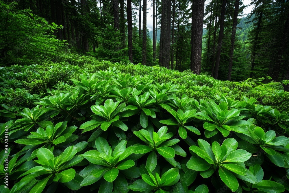 Realistic forest scene with Oregon grape, showing the dense growth of Mahonia aquifolium mixed with other shrubs and tall trees, highlighting its natural role in the ecosystem. Realistic forest scene with Oregon grape, showing the dense growth of Mahonia aquifolium mixed with other shrubs and tall trees, highlighting its natural role in the ecosystem.