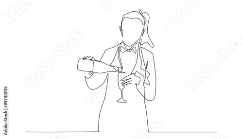 continuous line drawing of female waiter pouring drinks into glasses.one line drawing of woman cafe worker,pouring wine for customers.one line vector illustration