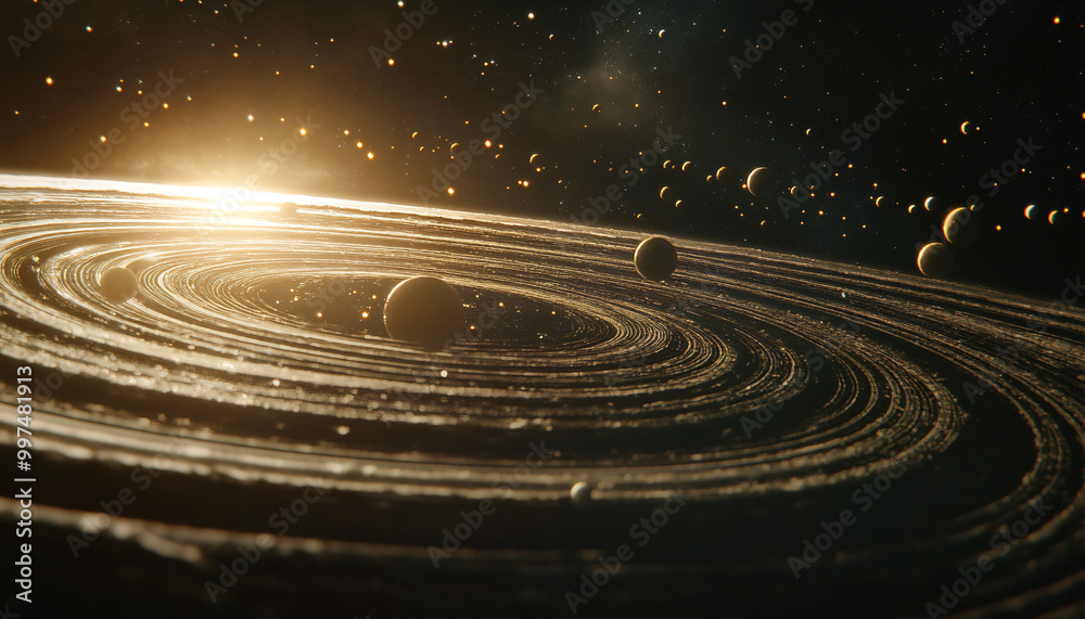 Fototapeta premium A detailed view of distant planets, with rings and moons set against a starry backdrop, creating a cosmic wonder