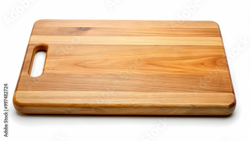 Close-up of a rectangular wood chopping board isolated on white background, food preparation