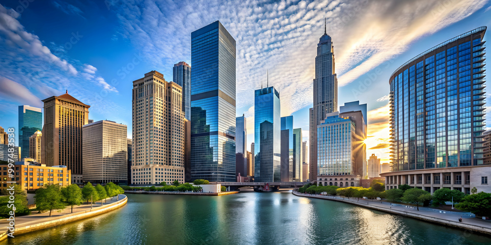 Obraz premium Finance center in Chicago with modern skyscrapers overlooking the river, Chicago, finance, center, business, office