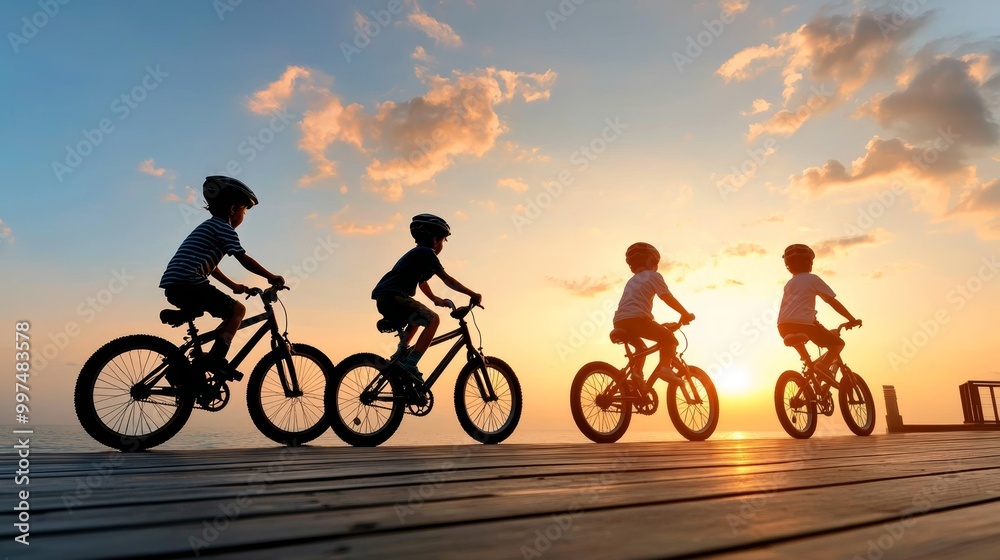 Obraz premium Families Enjoying Bicycle Ride at Sunset by the Coast