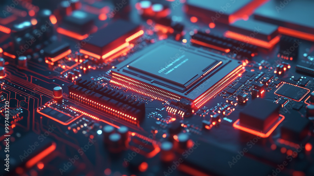 A computer's main parts, like the processor, graphics card, and circuit board, working together to transfer information. A computer's main parts, like the processor, graphics card, and circuit board, working together to transfer information.