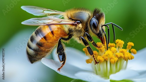 Honey Bee Gathering Pollen on a White Flower