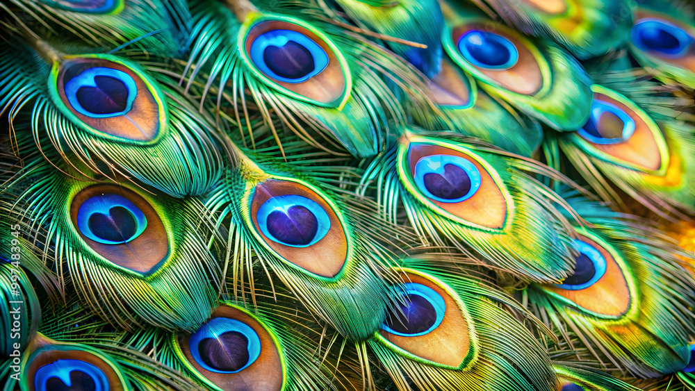 Obraz premium Close up of a vibrant and detailed peacock feathers , Peacock, Close up, Feather, Bird, Colorful, Exotic, Wildlife, Plumage, Beautiful
