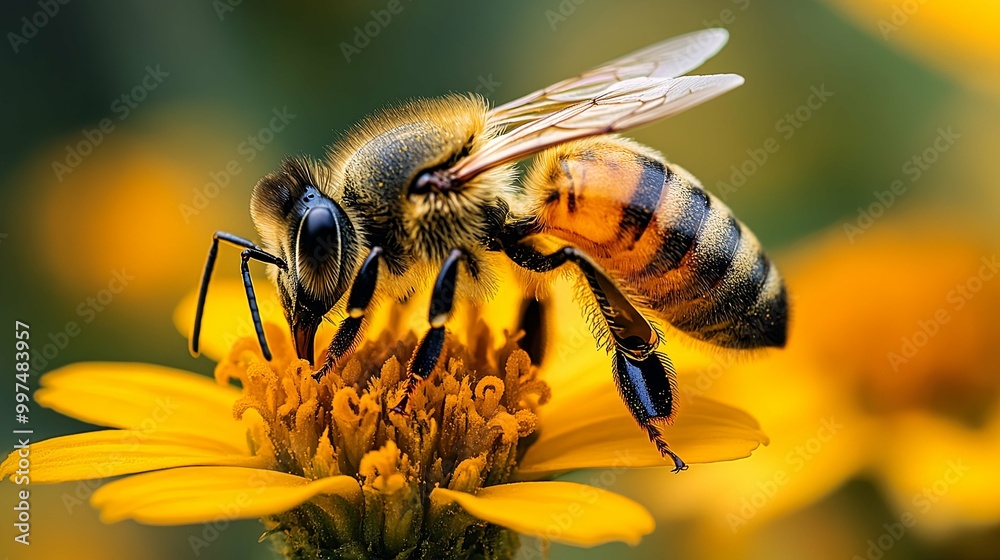 Honeybee Gathering Pollen on Yellow Flower Honeybee Gathering Pollen on Yellow Flower