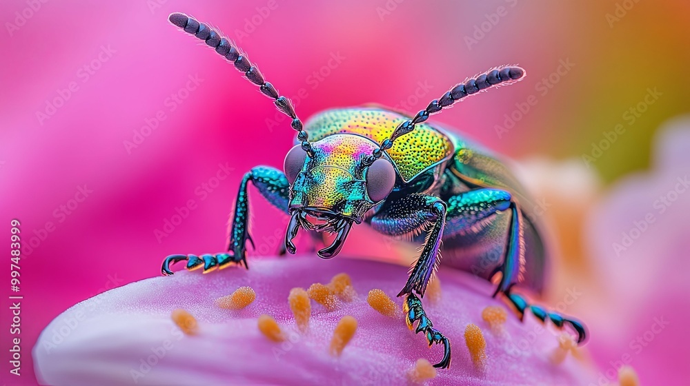 Naklejka premium A Vibrant Green Beetle on a Pink Petal
