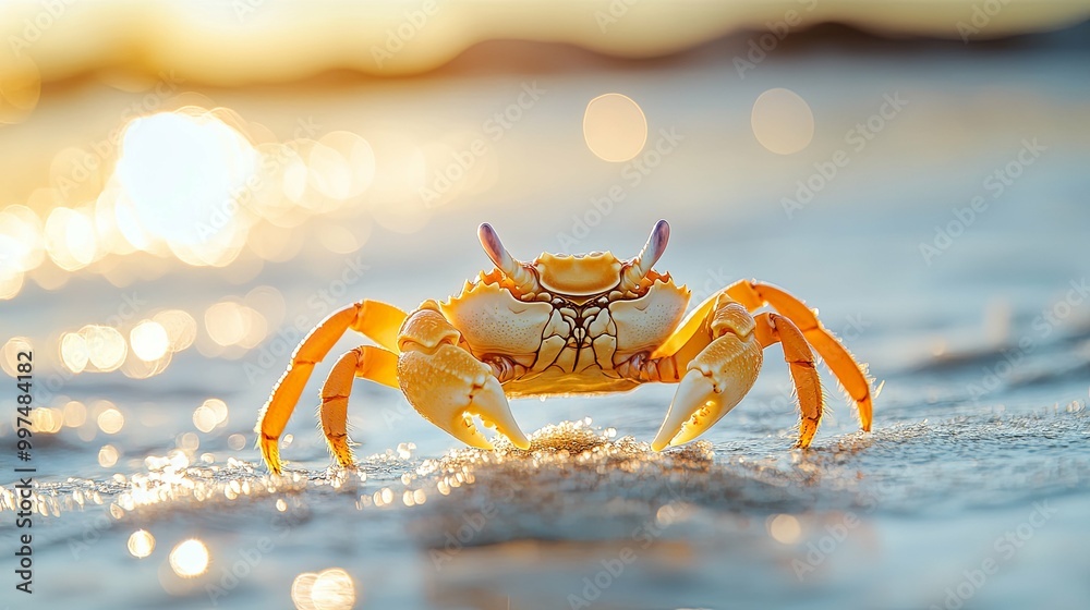 A Close-Up of a Crab on a Sandy Beach at Sunset A Close-Up of a Crab on a Sandy Beach at Sunset