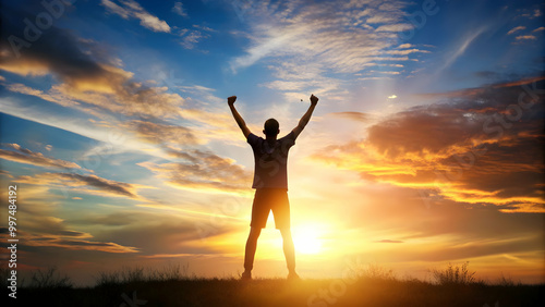 Wallpaper Mural Silhouette of person raising hands in victory gesture, symbolizing triumph over challenges, success Torontodigital.ca