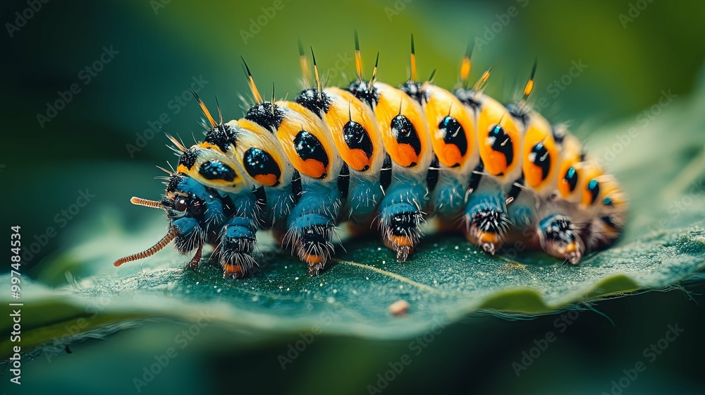 Colorful Caterpillar Crawling on a Green Leaf Colorful Caterpillar Crawling on a Green Leaf