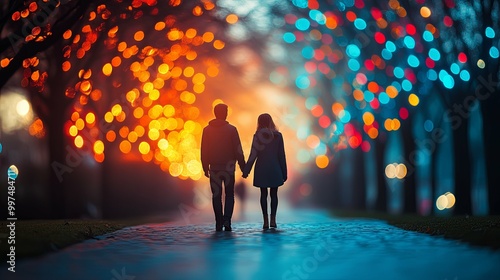 Silhouette of a Couple Walking Down a Path Lined with Colorful Lights photo