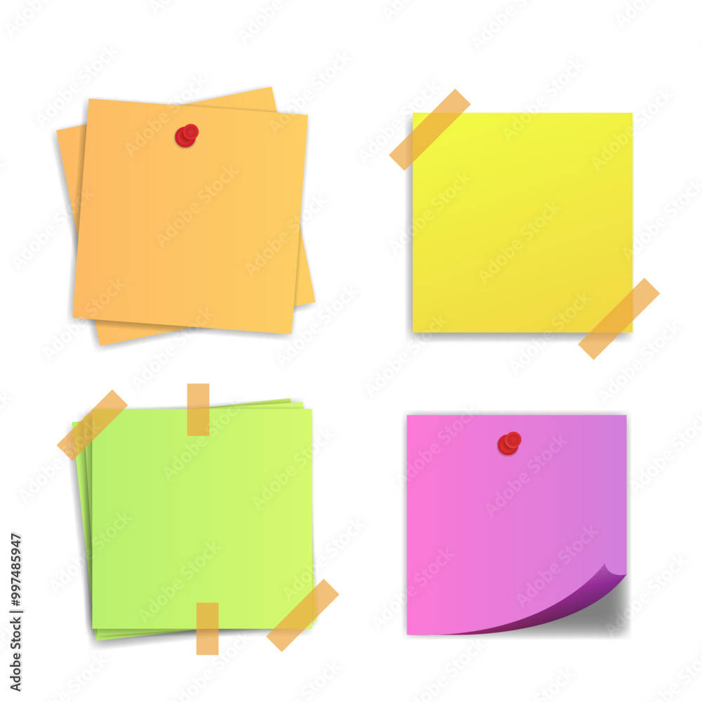 Colorful Sticky Notes with Tape and Push Pins Vector Set Colorful Sticky Notes with Tape and Push Pins Vector Set