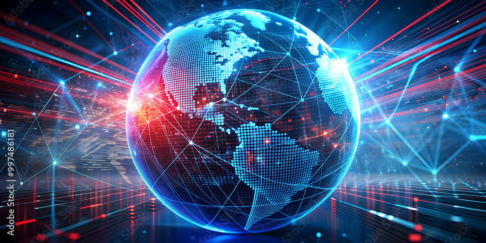 Fototapeta premium Three-dimensional digital cyberspace world with blue and red lines, perfect for news graphics or book covers