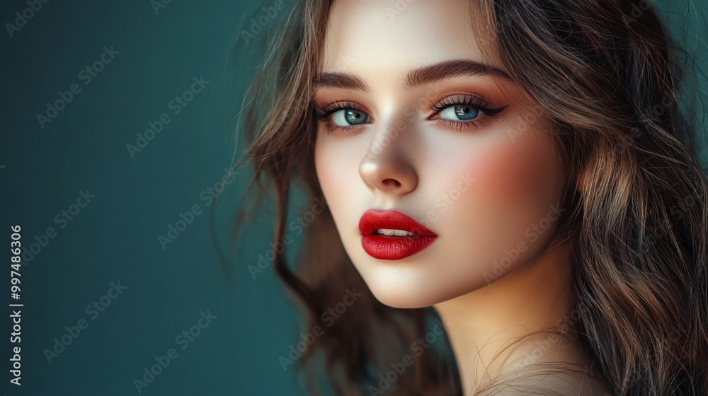 Striking portrait of a young woman with vibrant red lips and piercing blue eyes against a teal background, showcasing dramatic makeup and wavy brunette hair. Striking portrait of a young woman with vibrant red lips and piercing blue eyes against a teal background, showcasing dramatic makeup and wavy brunette hair.