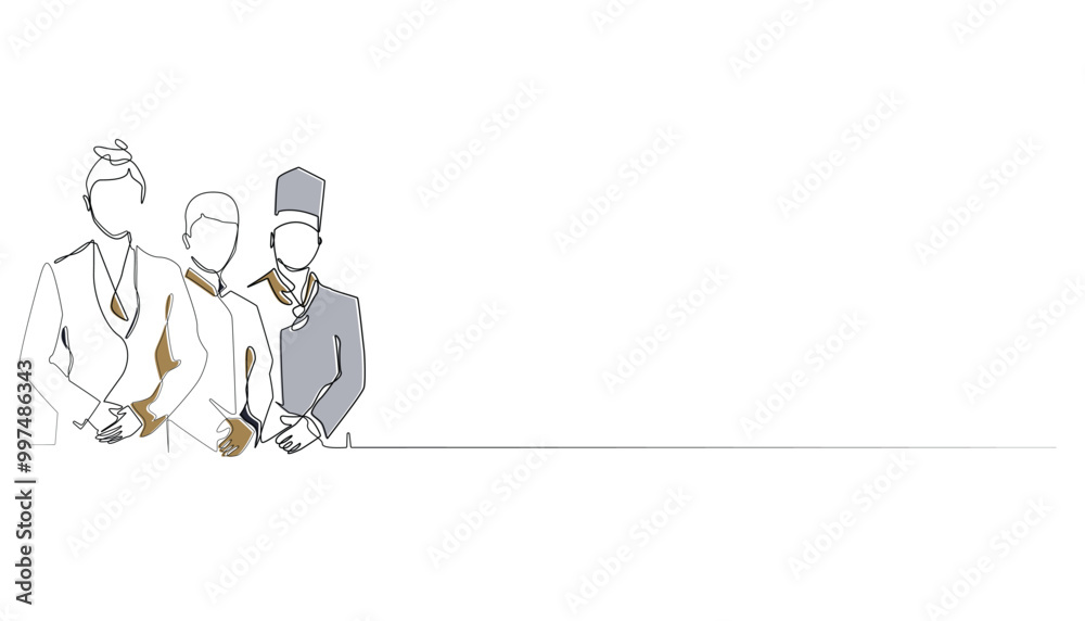 continuous line of hotel waiter.single line drawing of hotel receptionist,hotel chef standing welcoming guests.single line drawing isolated white background continuous line of hotel waiter.single line drawing of hotel receptionist,hotel chef standing welcoming guests.single line drawing isolated white background