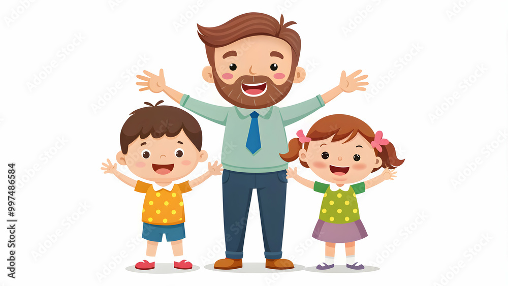 Happy children celebrating Father's Day with their dad, cartoon characters on white background, Father, Dad, Children Happy children celebrating Father's Day with their dad, cartoon characters on white background, Father, Dad, Children