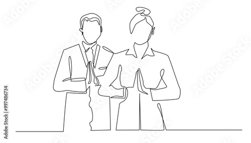 continuous line of receptionist.one line vector drawing of male and female hotel receptionist giving greetings.receptionist with hand gesture